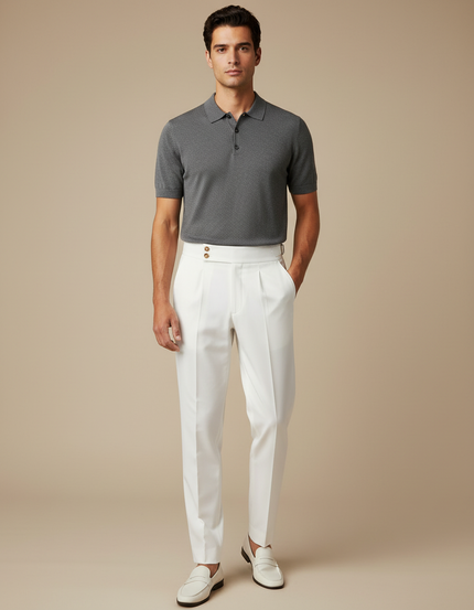 Pantalon À Pince Blanc Cassé Plissé Élégant Slim Homme - Gabardine