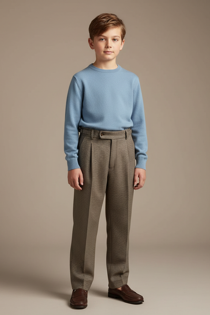 Pantalon À Pince Marron Carreaux Plissé Garçon Élégant - Tweed