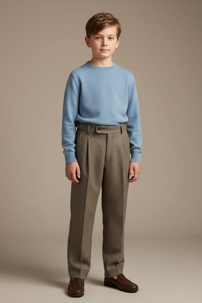 Pantalon À Pince Marron Carreaux Plissé Garçon Élégant - Tweed