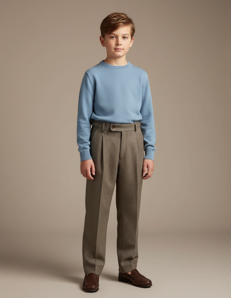 Pantalon À Pince Marron Carreaux Plissé Garçon Élégant - Tweed