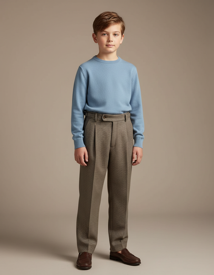 Pantalon À Pince Marron Carreaux Plissé Garçon Élégant - Tweed