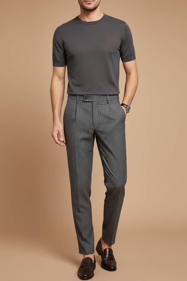Pantalon À Pince Gris Rayé Slim Élégant Plissé Homme - Gabardine