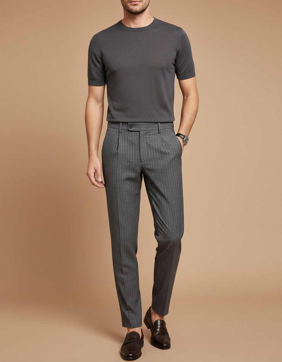 Pantalon À Pince Gris Rayé Slim Élégant Plissé Homme - Gabardine