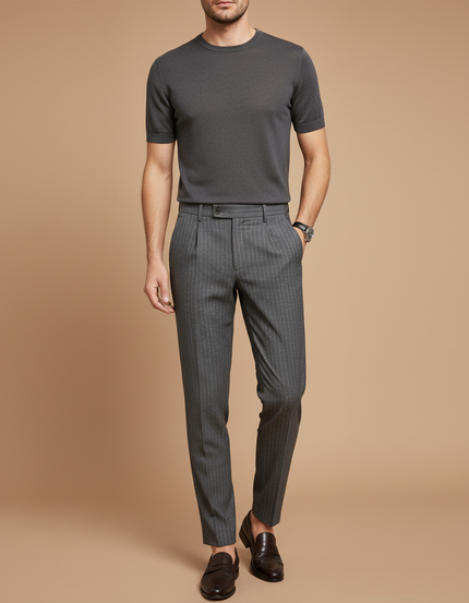 Pantalon À Pince Gris Rayé Slim Élégant Plissé Homme - Gabardine