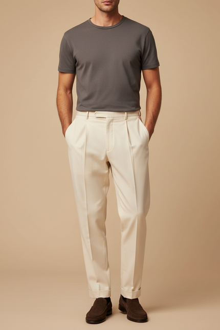 Pantalon À Pince Crème Droit Plissé Élégant Homme - Beige Gabardine