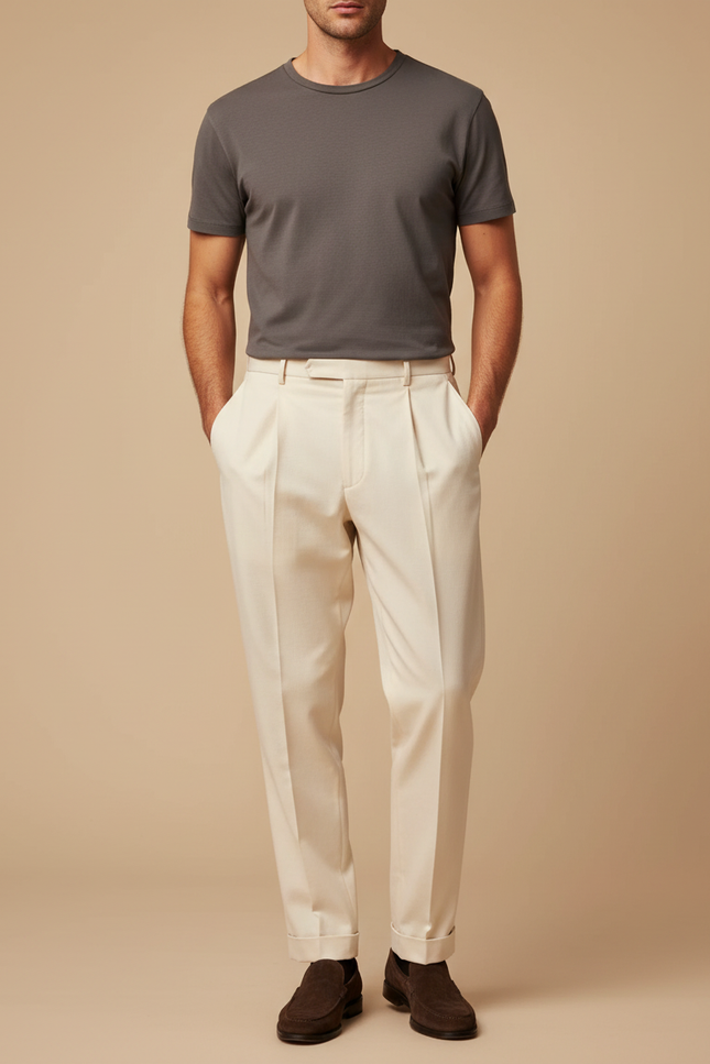 Pantalon À Pince Crème Droit Plissé Élégant Homme - Beige Gabardine