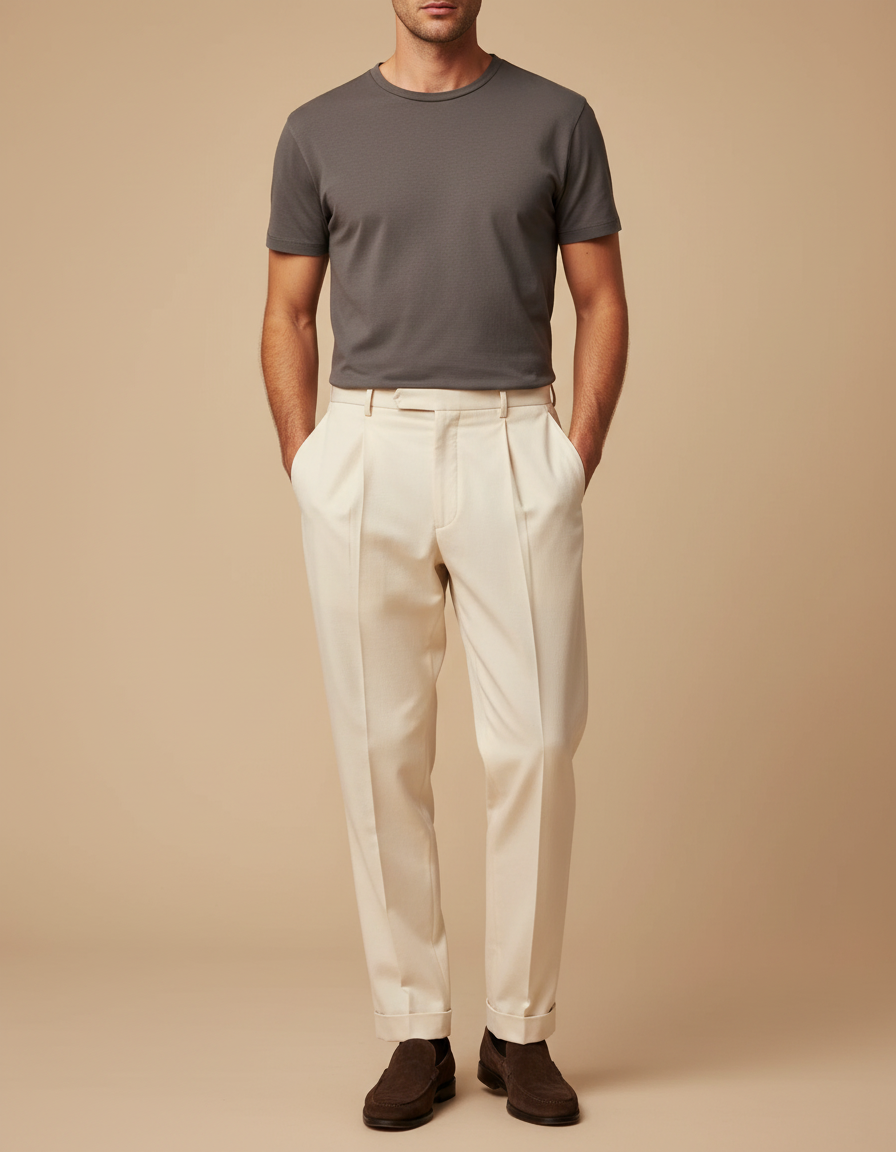 Pantalon À Pince Crème Droit Plissé Élégant Homme - Beige Gabardine