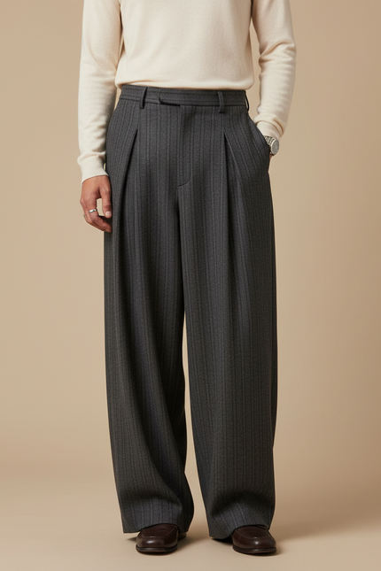 Pantalon À Pince Gris Rayé Ample Plissé Élégant - Laine