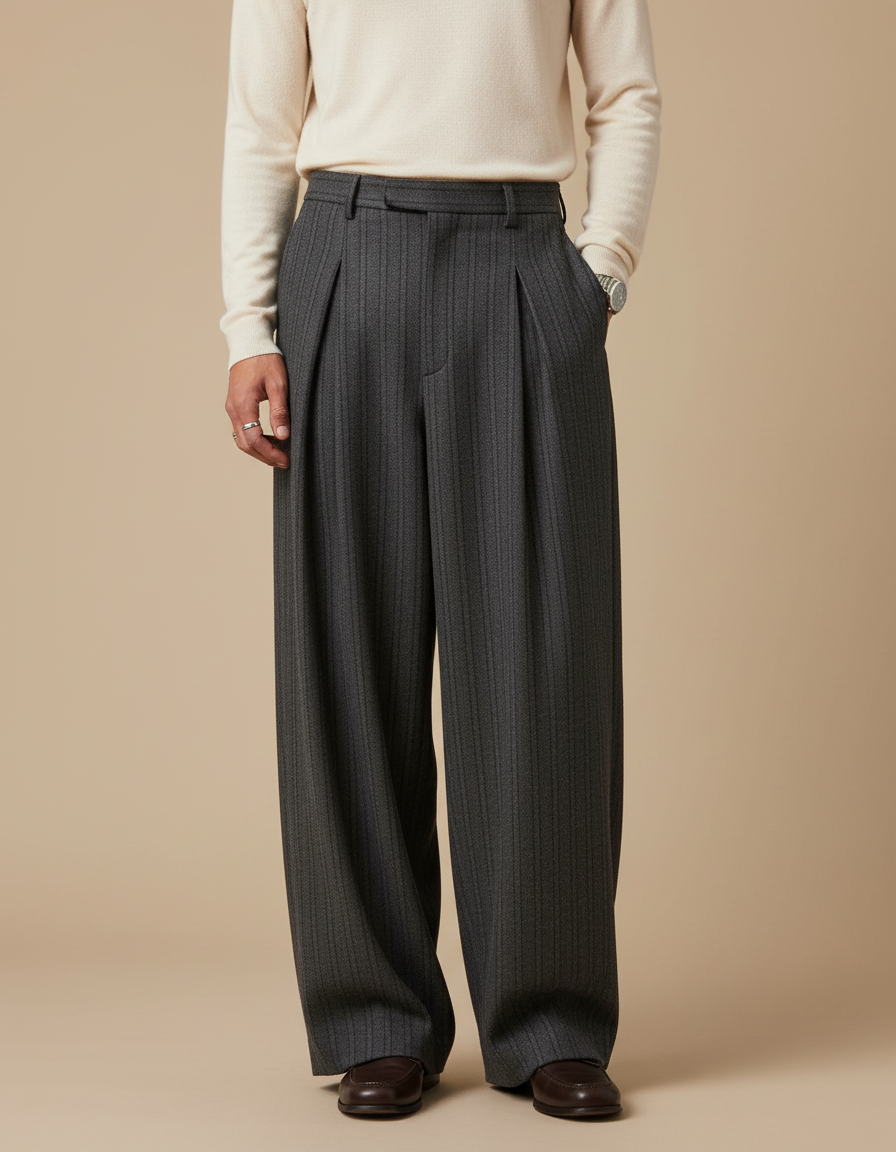 Pantalon À Pince Gris Rayé Ample Plissé Élégant - Laine
