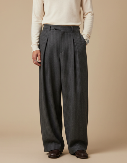 Pantalon À Pince Gris Rayé Ample Plissé Élégant - Laine