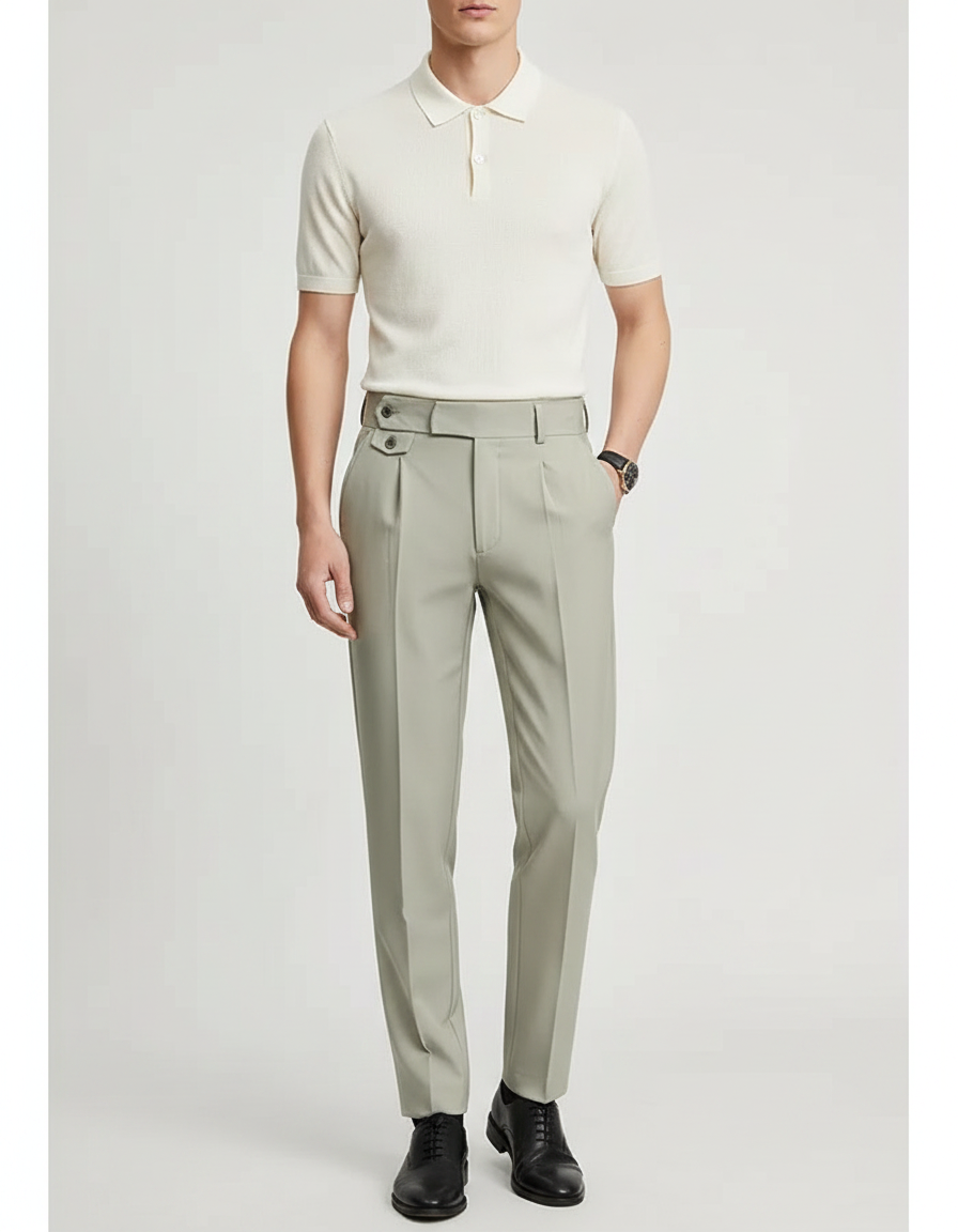 Pantalon À Pince Gris Clair Droit Élégant Homme - Gabardine