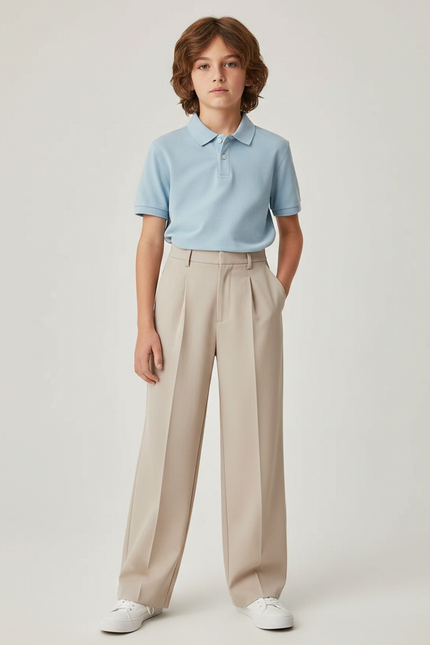 Pantalon À Pince Beige Plissé Droit Élégant Garçon - Gabardine