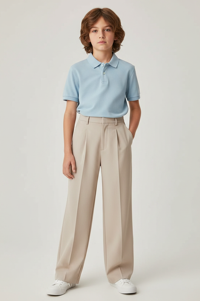 Pantalon À Pince Beige Plissé Droit Élégant Garçon - Gabardine