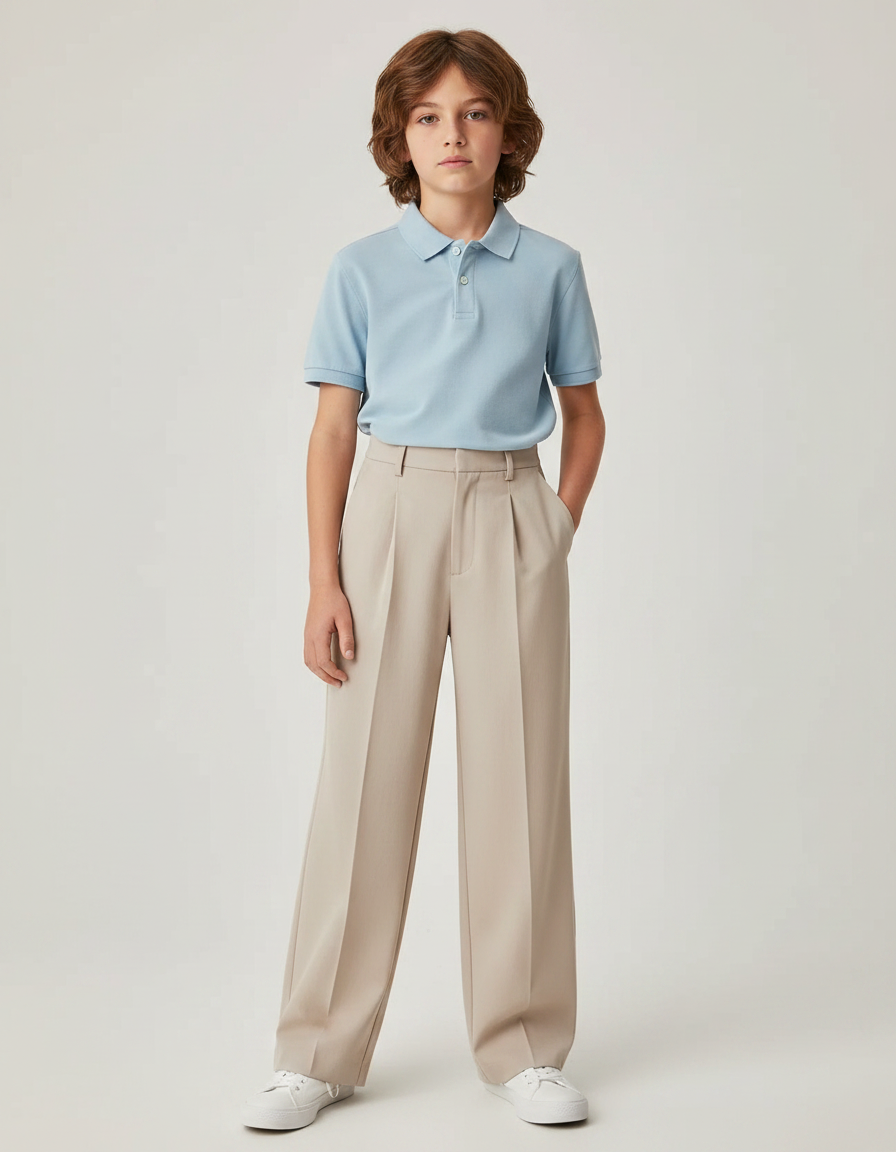 Pantalon À Pince Beige Plissé Droit Élégant Garçon - Gabardine