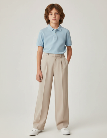 Pantalon À Pince Beige Plissé Droit Élégant Garçon - Gabardine
