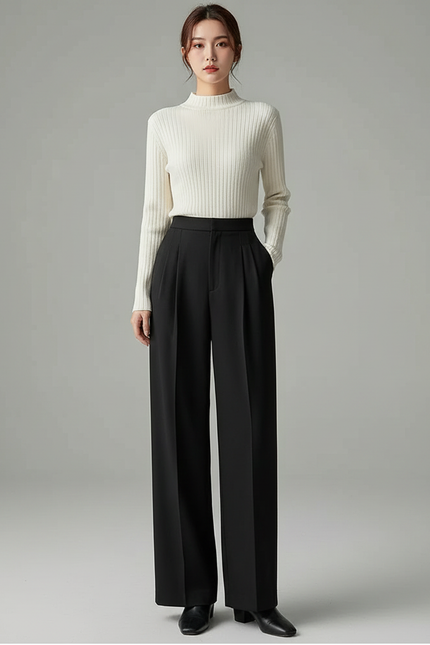 Pantalon À Pince Noir Ample Fluide Élégant - Polyester