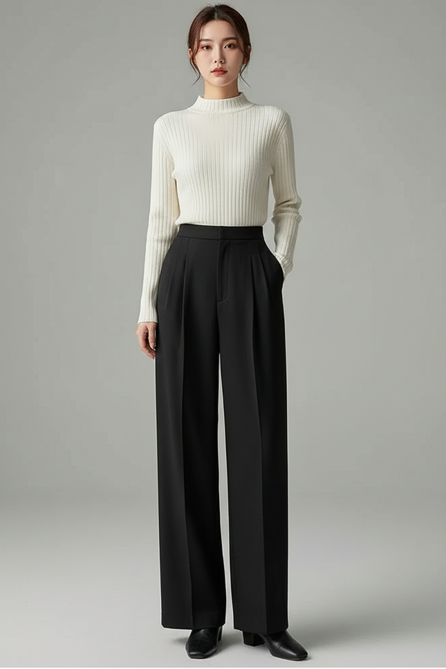 Pantalon À Pince Noir Ample Fluide Élégant - Polyester
