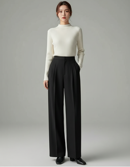 Pantalon À Pince Noir Ample Fluide Élégant - Polyester