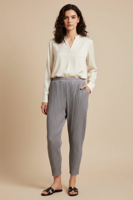 Pantalon À Pince Gris Plissé Ample Fluide Femme - Polyester