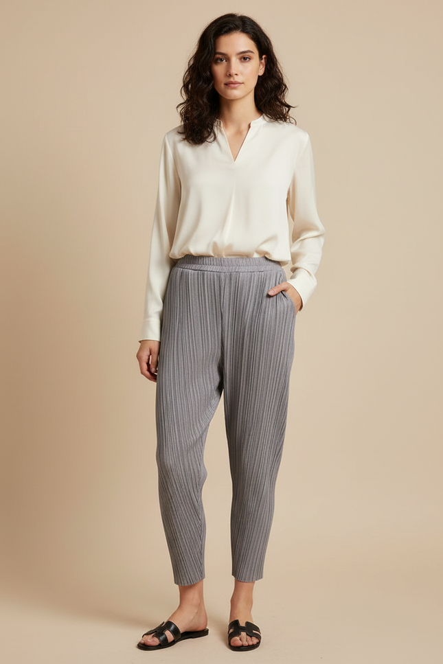 Pantalon À Pince Gris Plissé Ample Fluide Femme - Polyester
