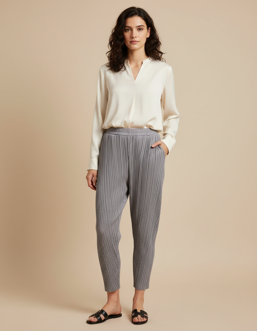 Pantalon À Pince Gris Plissé Ample Fluide Femme - Polyester