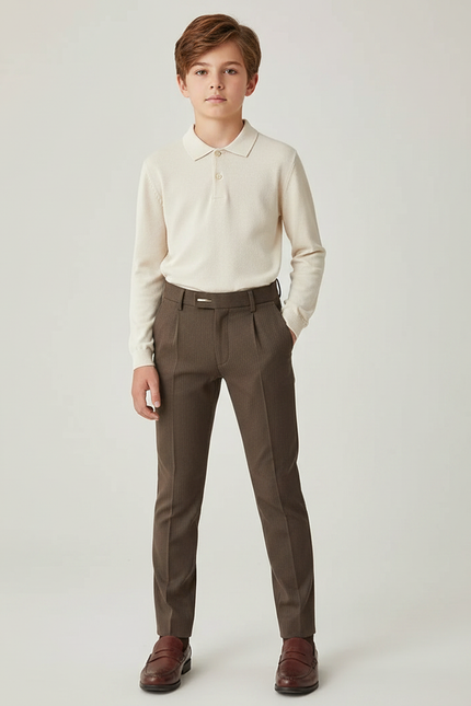 Pantalon À Pince Marron Slim Rayé Garçon Élégant - Gabardine