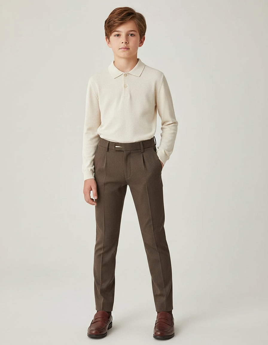 Pantalon À Pince Marron Slim Rayé Garçon Élégant - Gabardine