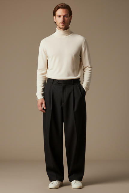 Pantalon À Pince Noir Ample Plissé Homme Décontracté - Gabardine
