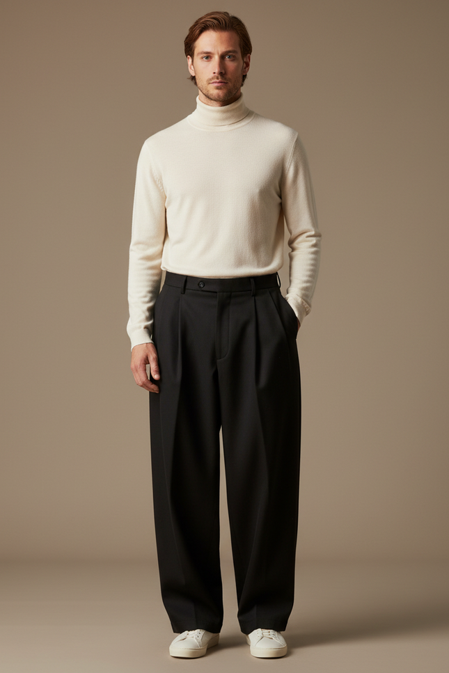 Pantalon À Pince Noir Ample Plissé Homme Décontracté - Gabardine