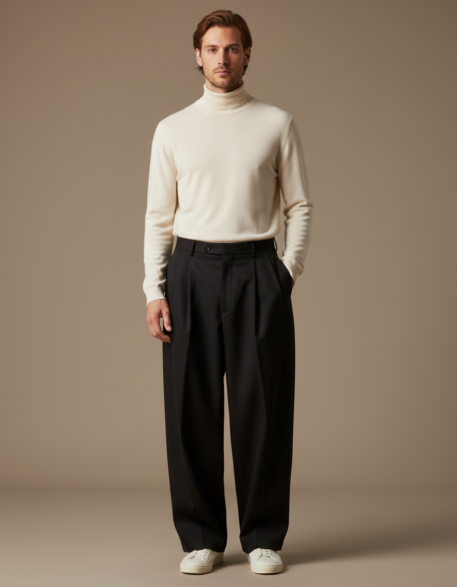 Pantalon À Pince Noir Ample Plissé Homme Décontracté - Gabardine