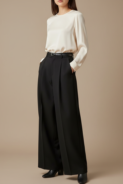 Pantalon À Pince Noir Ample Taille Haute Fluide - Polyester