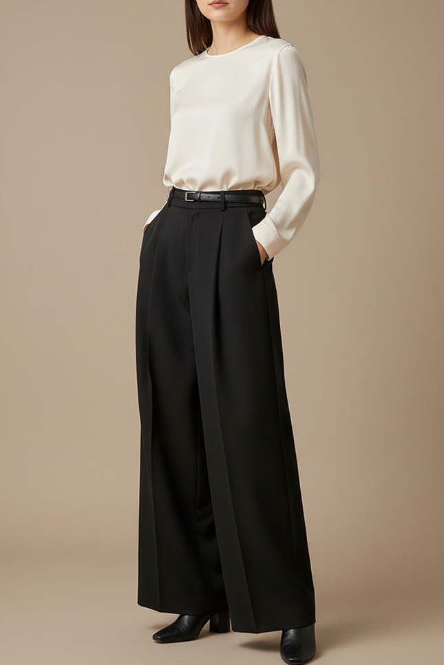 Pantalon À Pince Noir Ample Taille Haute Fluide - Polyester