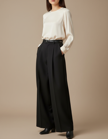 Pantalon À Pince Noir Ample Taille Haute Fluide - Polyester