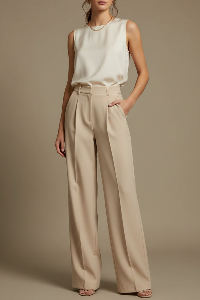 Pantalon À Pince Beige Ample Droit Élégant Femme - Polyester