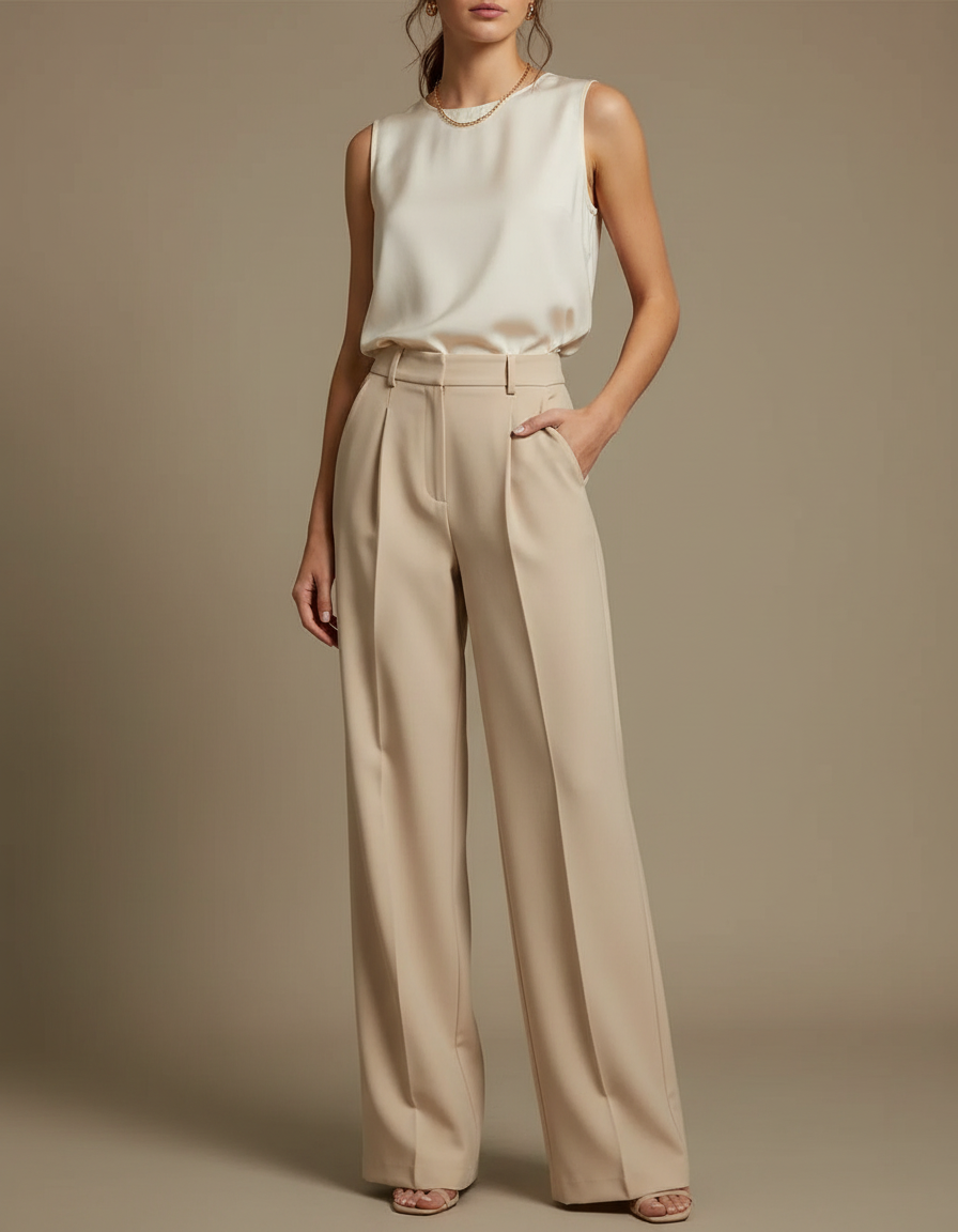 Pantalon À Pince Beige Ample Droit Élégant Femme - Polyester