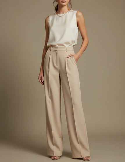 Pantalon À Pince Beige Ample Droit Élégant Femme - Polyester
