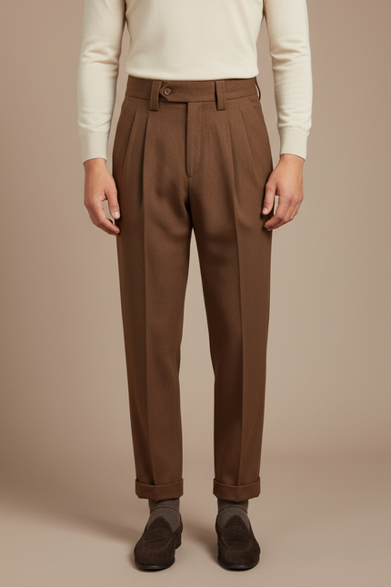 Pantalon À Pince Marron Laine Plissé Droit Homme