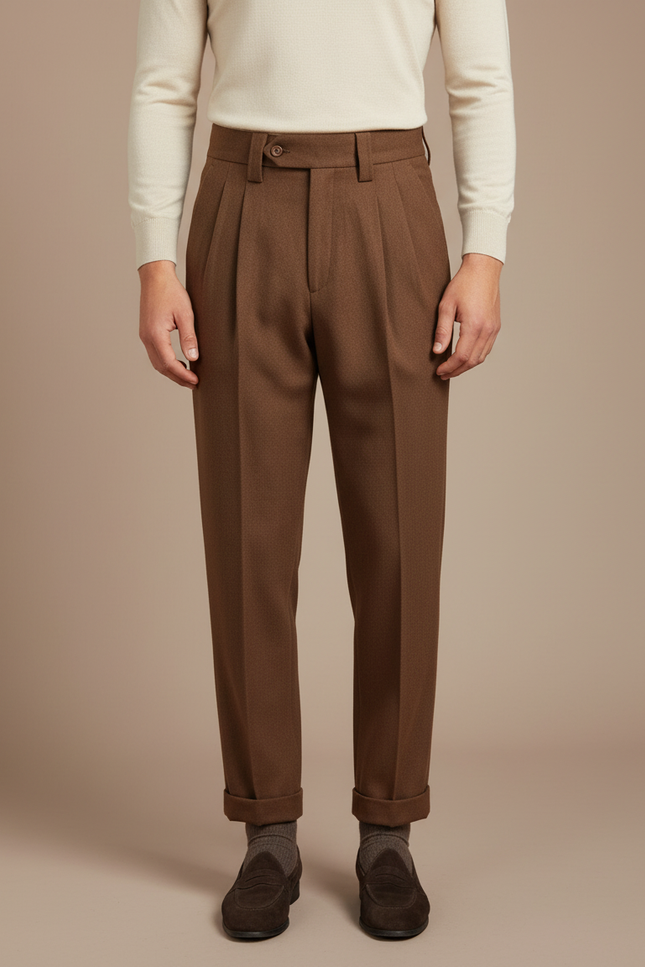 Pantalon À Pince Marron Laine Plissé Droit Homme