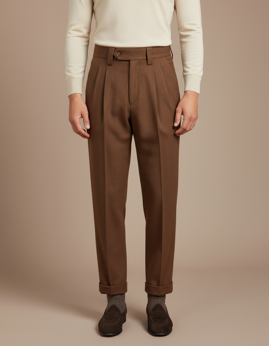 Pantalon À Pince Marron Laine Plissé Droit Homme