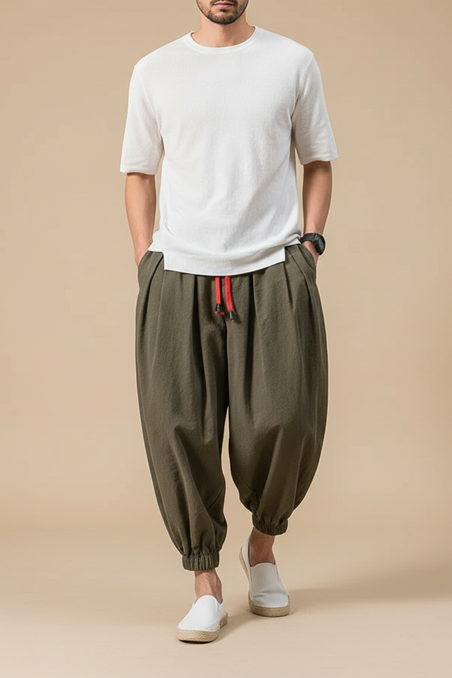 Pantalon À Pince Kaki Ample Coton Décontracté Homme