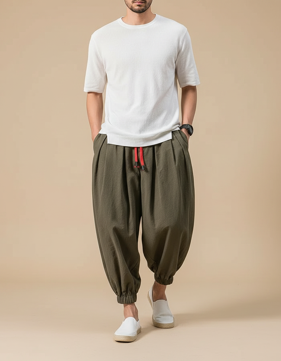 Pantalon À Pince Kaki Ample Coton Décontracté Homme