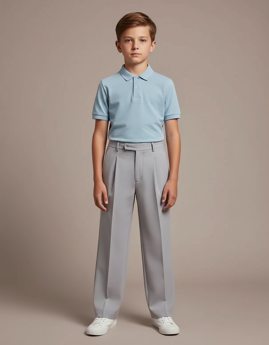 Pantalon À Pince Gris Ample Plissé Décontracté Enfant - Gabardine