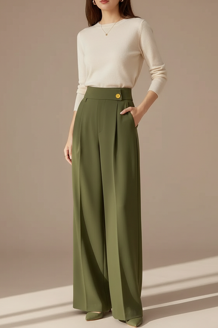 Pantalon À Pince Vert Militaire Ample Fluide Femme - Kaki Viscose