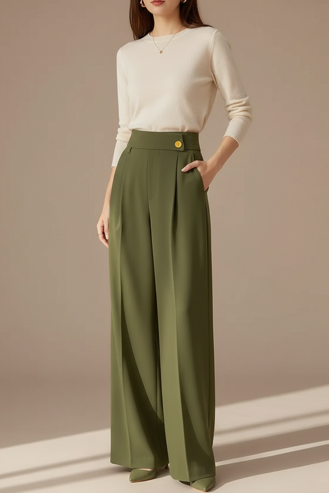 Pantalon À Pince Vert Militaire Ample Fluide Femme - Kaki Viscose