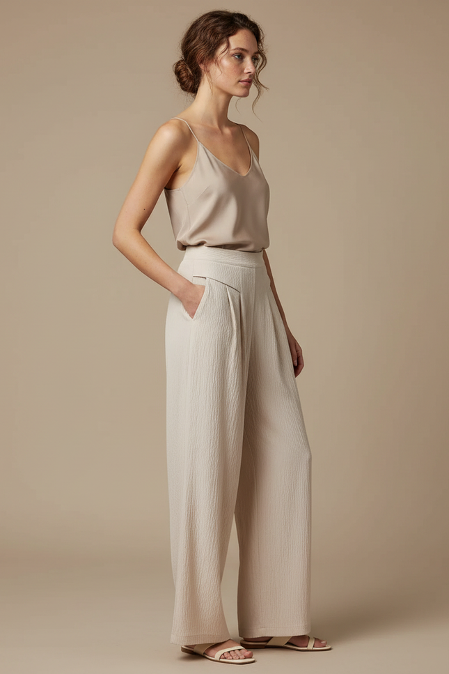 Pantalon À Pince Crème Fluide Ample Décontracté Plissé - Beige Lin