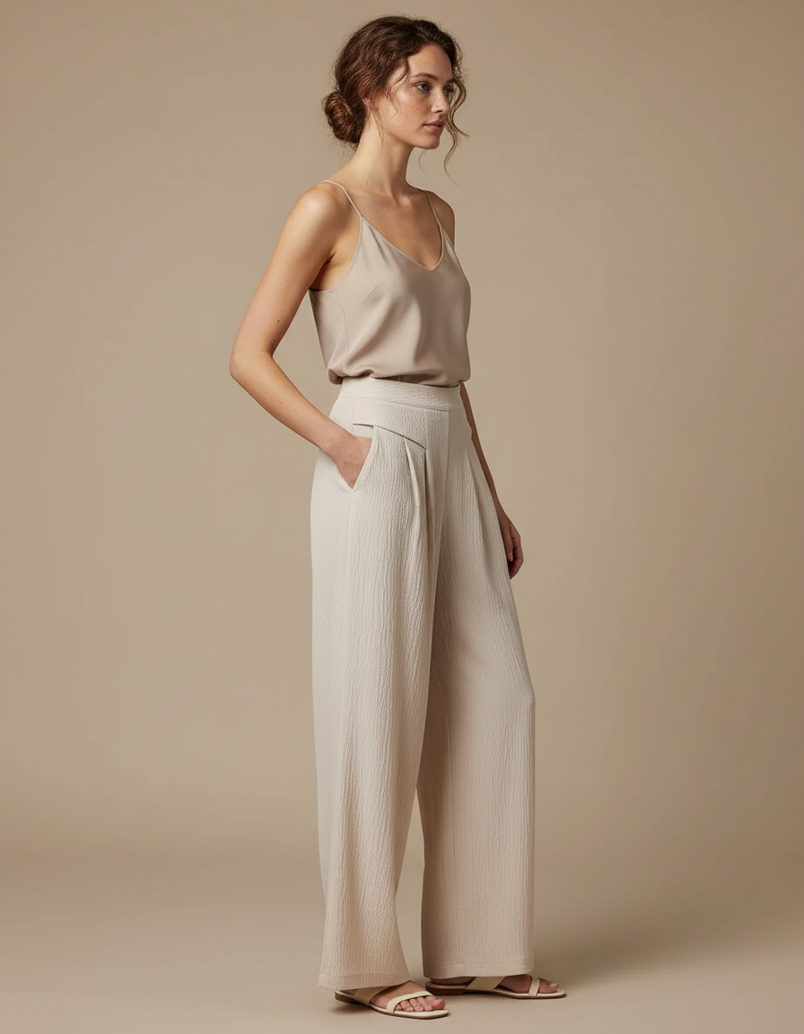 Pantalon À Pince Crème Fluide Ample Décontracté Plissé - Beige Lin