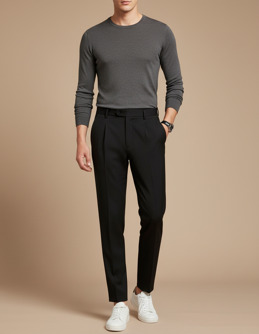 Pantalon À Pince Noir Plissé Slim Business Homme - Gabardine