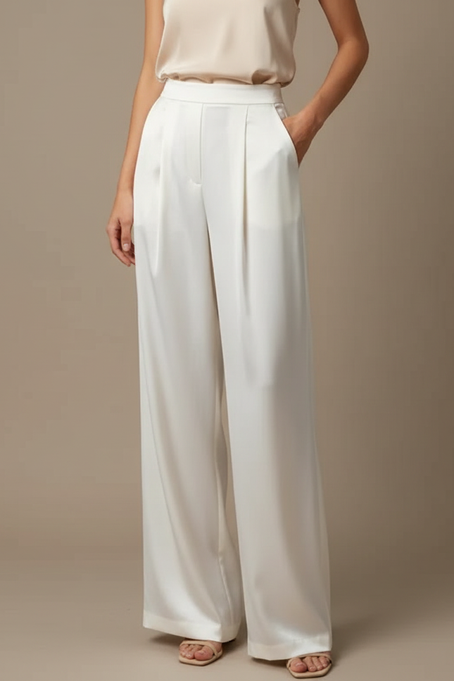 Pantalon À Pince Blanc Satiné Fluide Droit Élégant