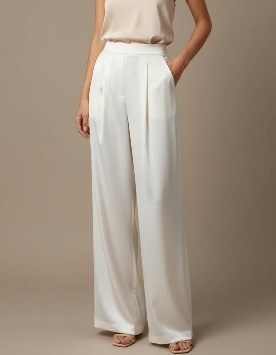 Pantalon À Pince Blanc Satiné Fluide Droit Élégant