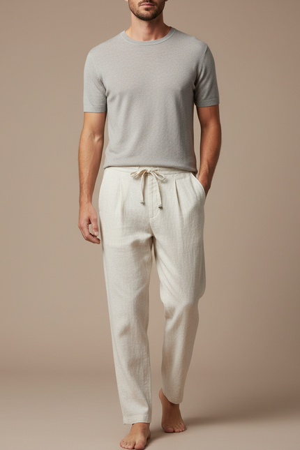 Pantalon À Pince Crème Lin Plissé Cordon Décontracté - Beige